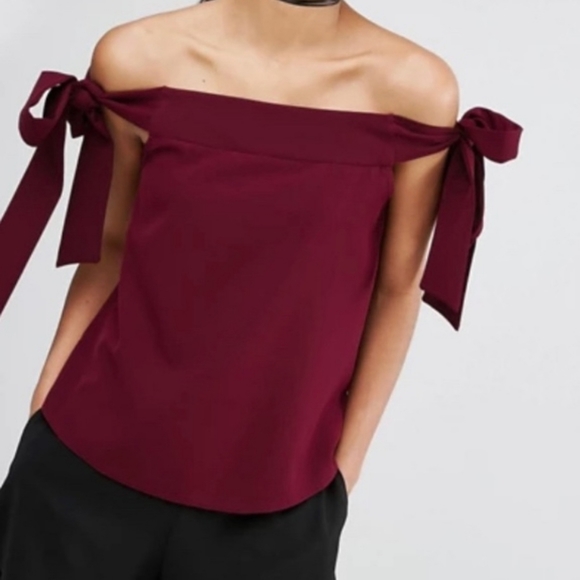 miami Tops - Miami Off the Shoulder Bow Tie Sleeve Top Wine M